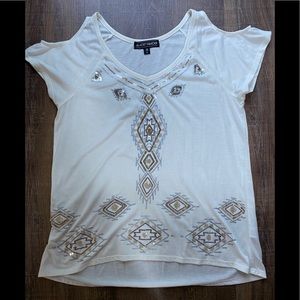 White open shoulder. Gold and silver sequin.